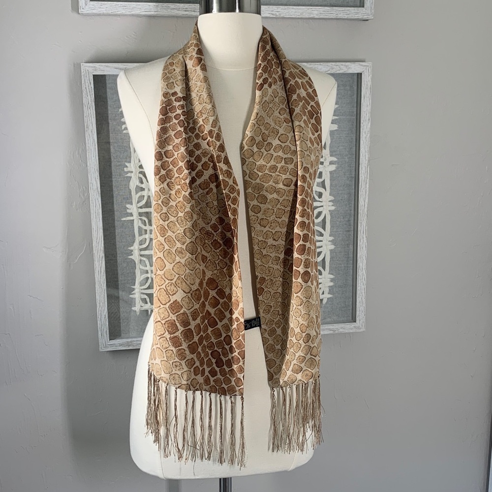Francesca Made in Italy silk scarf tan animal print with fringe